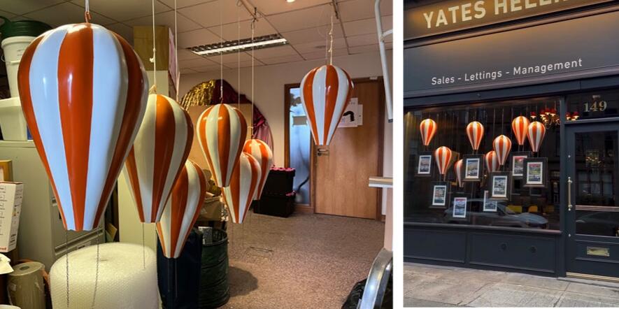 Yates & Helier - window display, sculpted and cast resin hot air balloons
