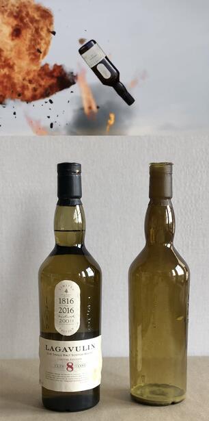 Lagavulin commercial - Resin and rubber bottles action props