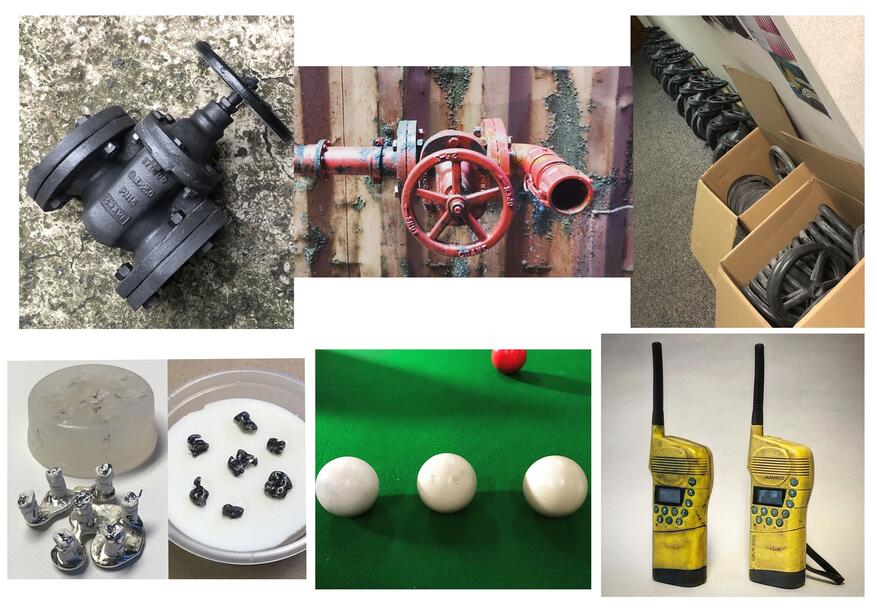 The Rig S1 - resin casts of valves and wheels for set dec, toy safe pewter dental fillings, rubber snooker balls and rubber/resin satellite phones action props