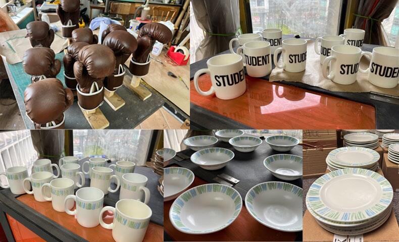 Half Man - boxing gloves (change colour and weather), ceramic wax mugs with printed tissue transfer, hand printed multiples of ceramic wax dishes